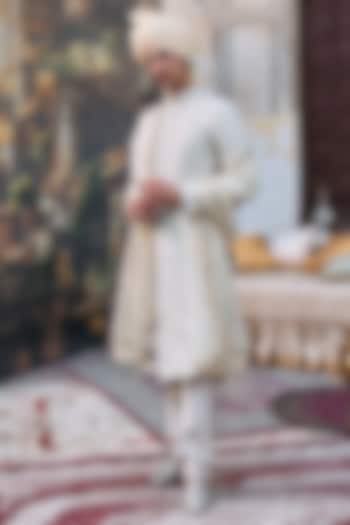 Ivory Georgette & Chanderi Brocade Embroidered Sherwani Set by ITRH Men