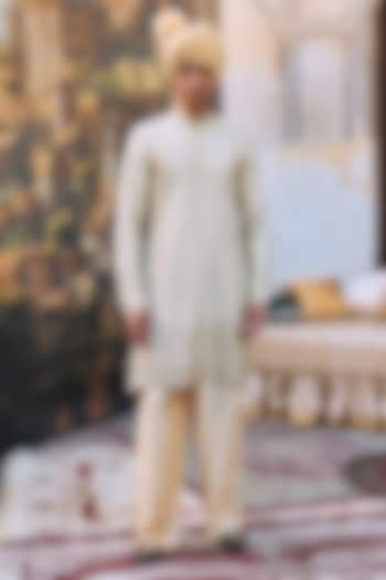 Ivory Cotton & Chanderi Embroidered Sherwani Set by ITRH Men