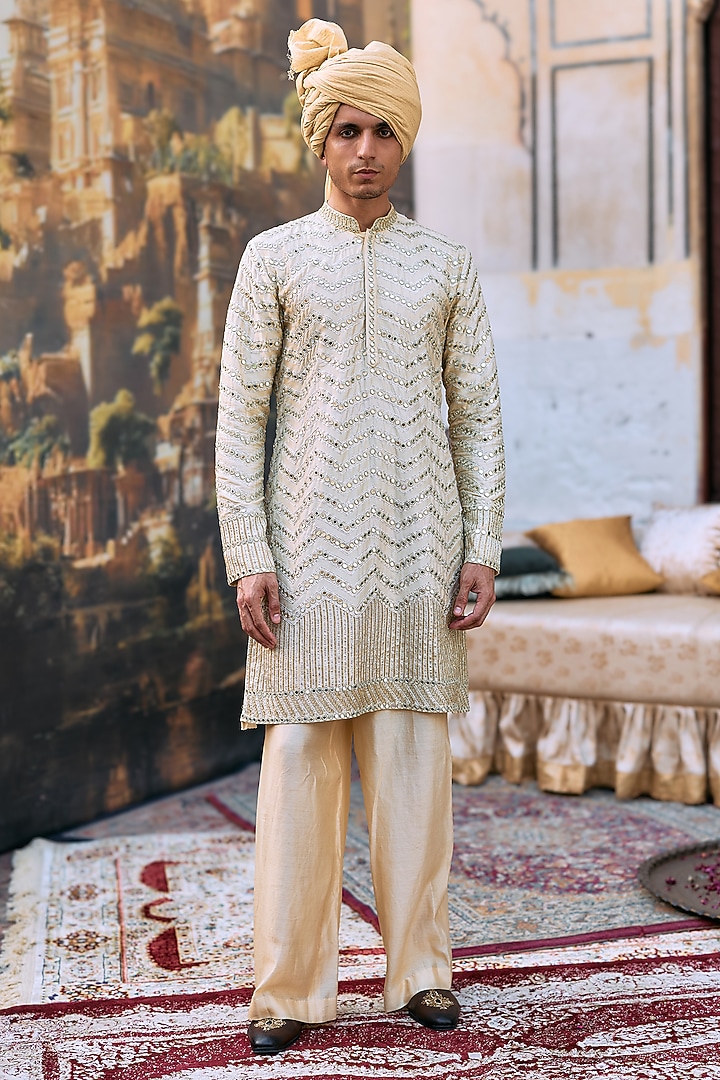 Ivory Cotton & Chanderi Embroidered Sherwani Set by ITRH Men