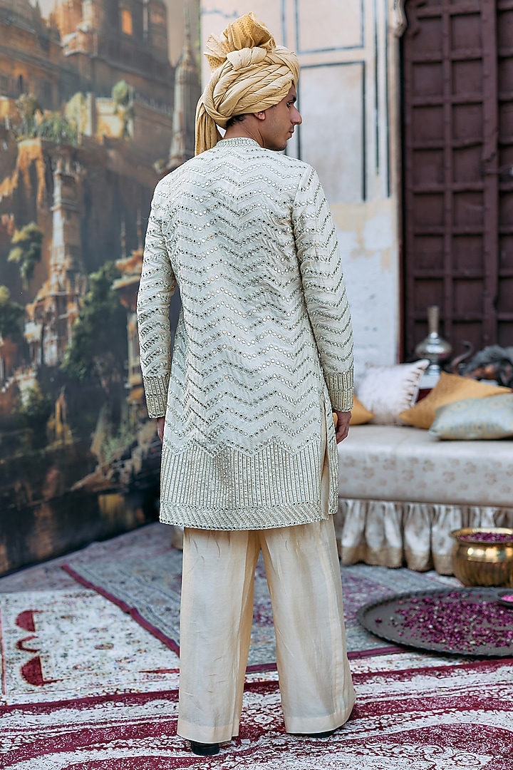 Ivory Cotton & Chanderi Embroidered Kurta Set by ITRH Men at Pernia's Pop Up Shop