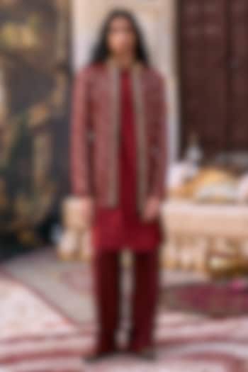 Maroon Cotton & Chanderi Chikankari Embroidered Jacket Set by ITRH Men