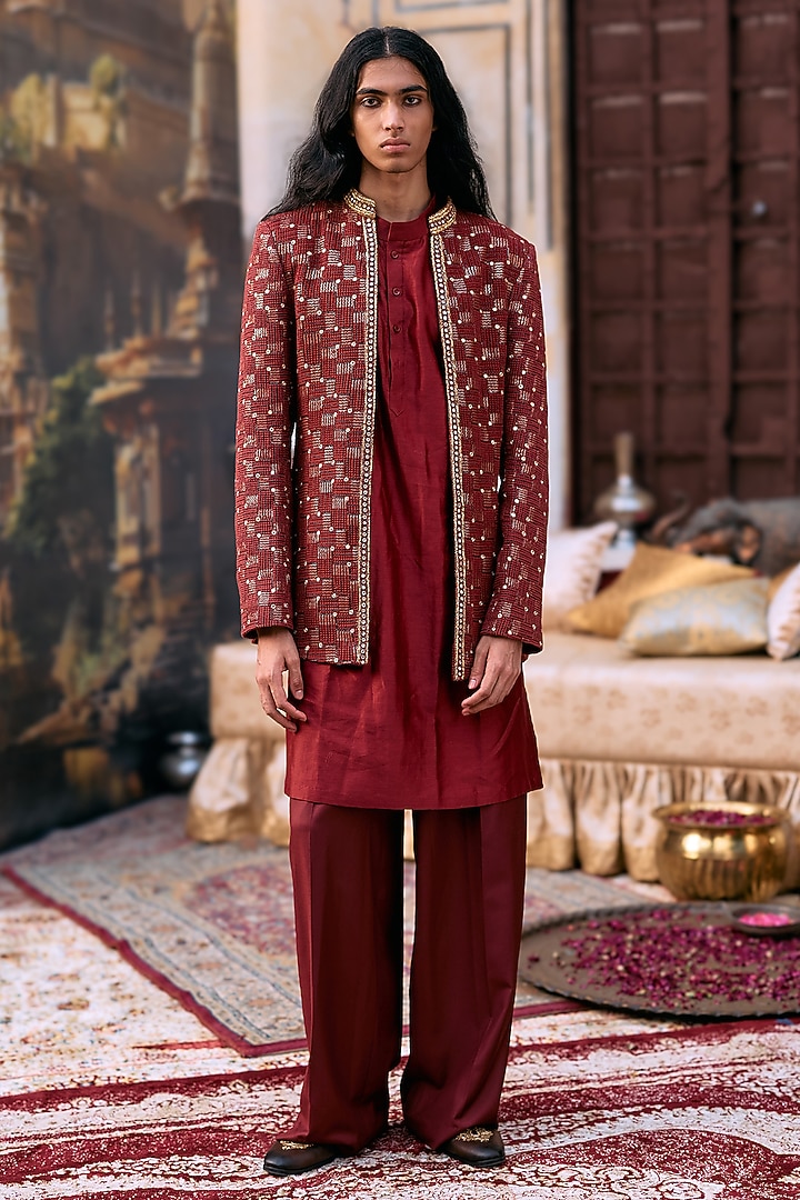 Maroon Cotton & Chanderi Chikankari Embroidered Jacket Set by ITRH Men