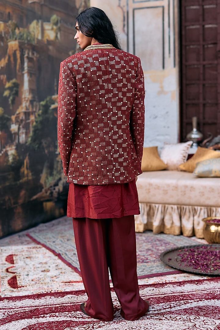 Maroon Cotton & Chanderi Chikankari Embroidered Jacket Set by ITRH Men at Pernia's Pop Up Shop