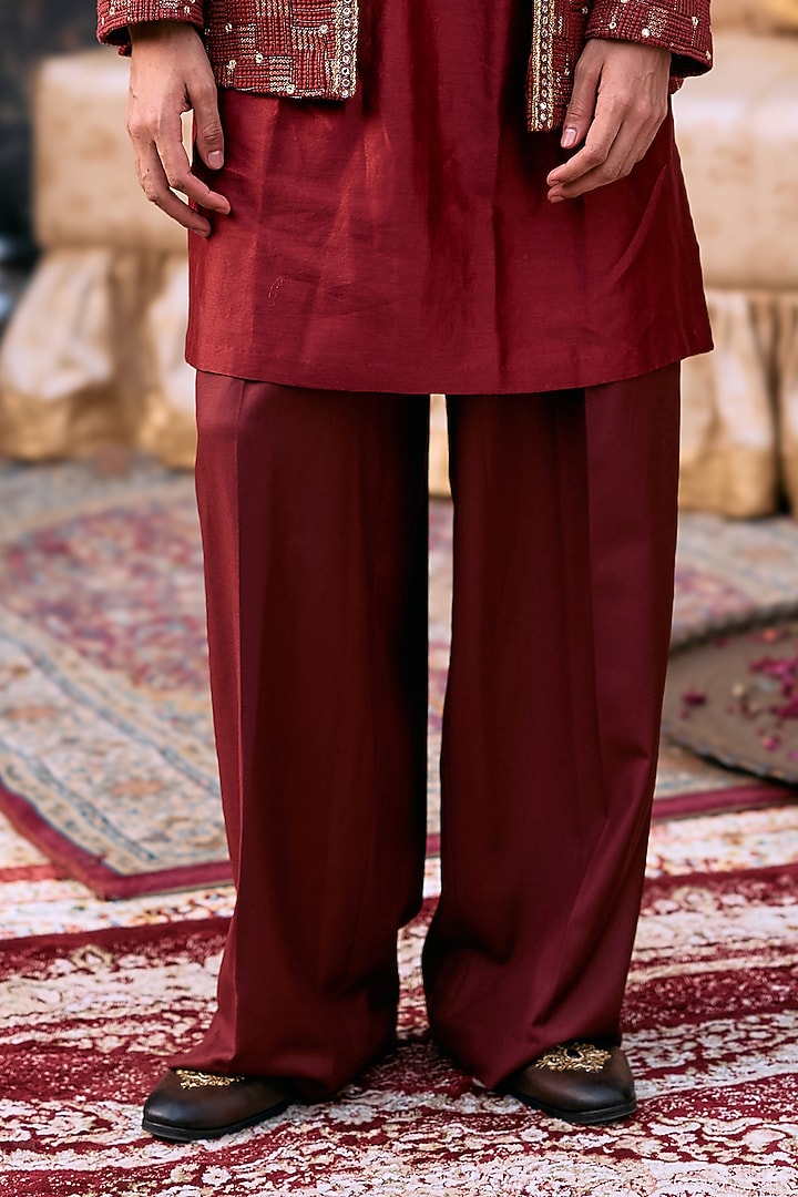 Maroon Cotton & Chanderi Chikankari Embroidered Jacket Set by ITRH Men at Pernia's Pop Up Shop