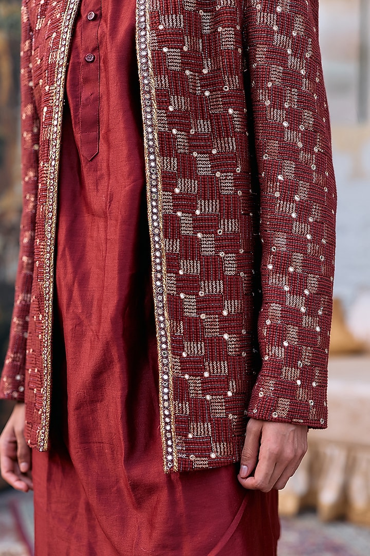 Maroon Cotton & Chanderi Chikankari Embroidered Jacket Set by ITRH Men at Pernia's Pop Up Shop