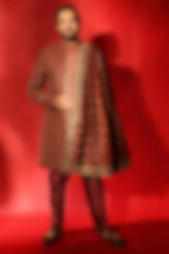 Brown & Maroon Brocade Embroidered Sherwani Set by ITRH Men