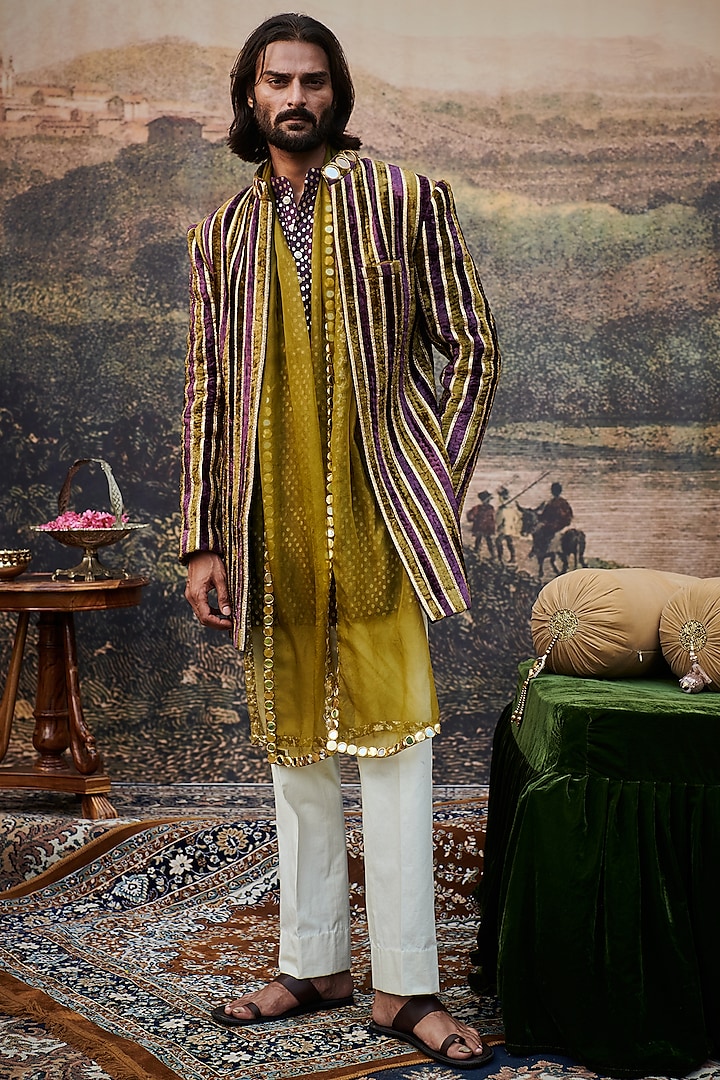 Olive Green & Purple Velvet Gota Striped Indo-Western Set by ITRH Men