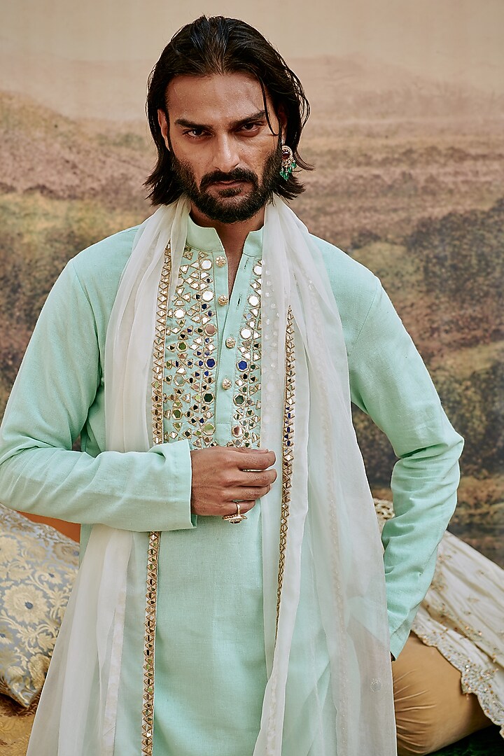 Blue Linen Mirror Work Kurta Set by ITRH Men at Pernia's Pop Up Shop