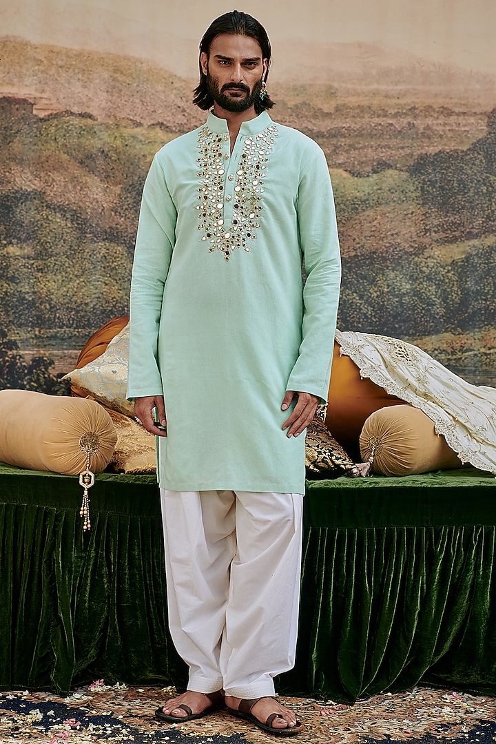 Blue Linen Mirror Work Kurta Set by ITRH Men