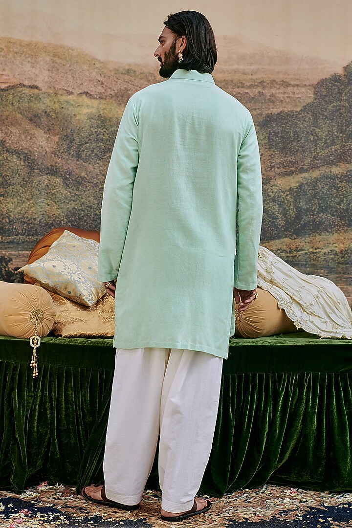 Blue Linen Mirror Work Kurta Set by ITRH Men at Pernia's Pop Up Shop