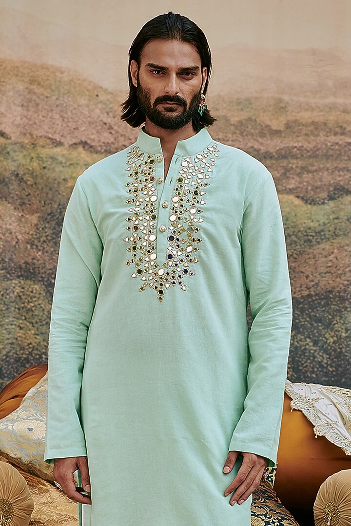 Blue Linen Mirror Work Kurta Set by ITRH Men at Pernia's Pop Up Shop