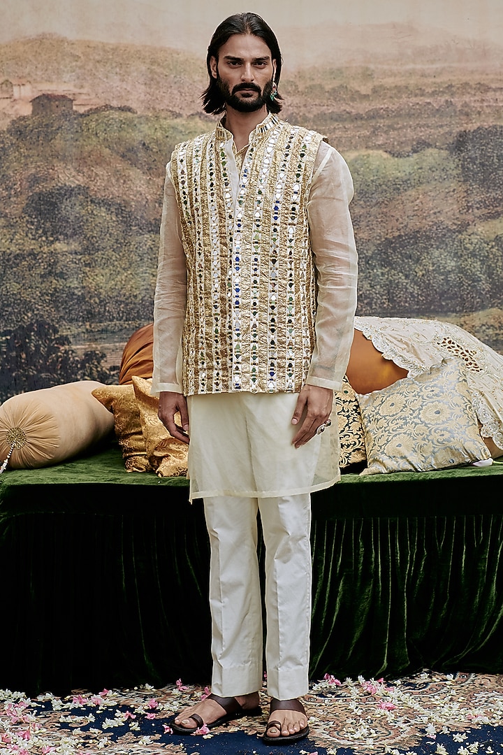 White Chanderi Mirror Work Bundi Jacket Set by ITRH Men