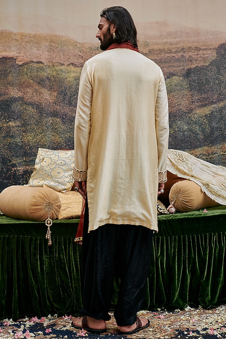 Beige Chanderi Mirror Work Kurta Set by ITRH Men at Pernia's Pop Up Shop