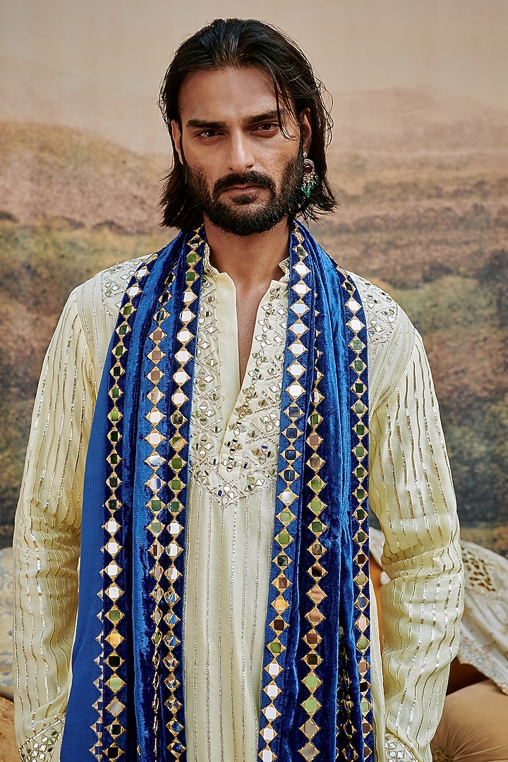 Beige Chanderi Mirror Work Kurta Set by ITRH Men at Pernia's Pop Up Shop