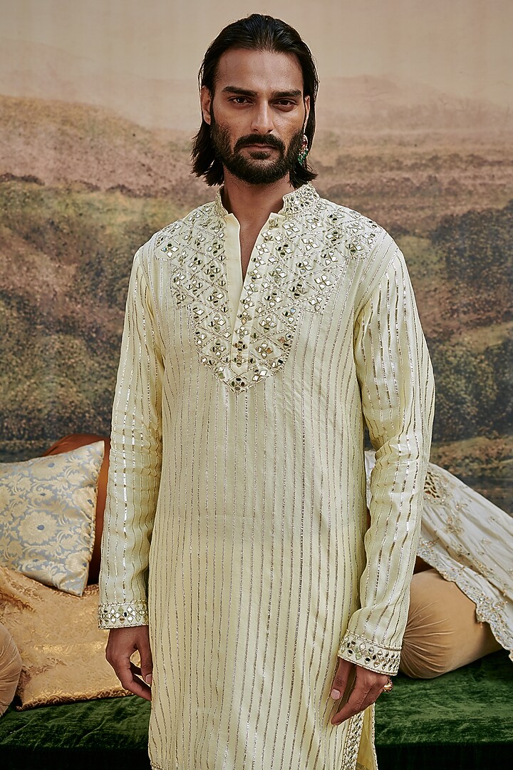 Beige Chanderi Mirror Work Kurta Set by ITRH Men at Pernia's Pop Up Shop