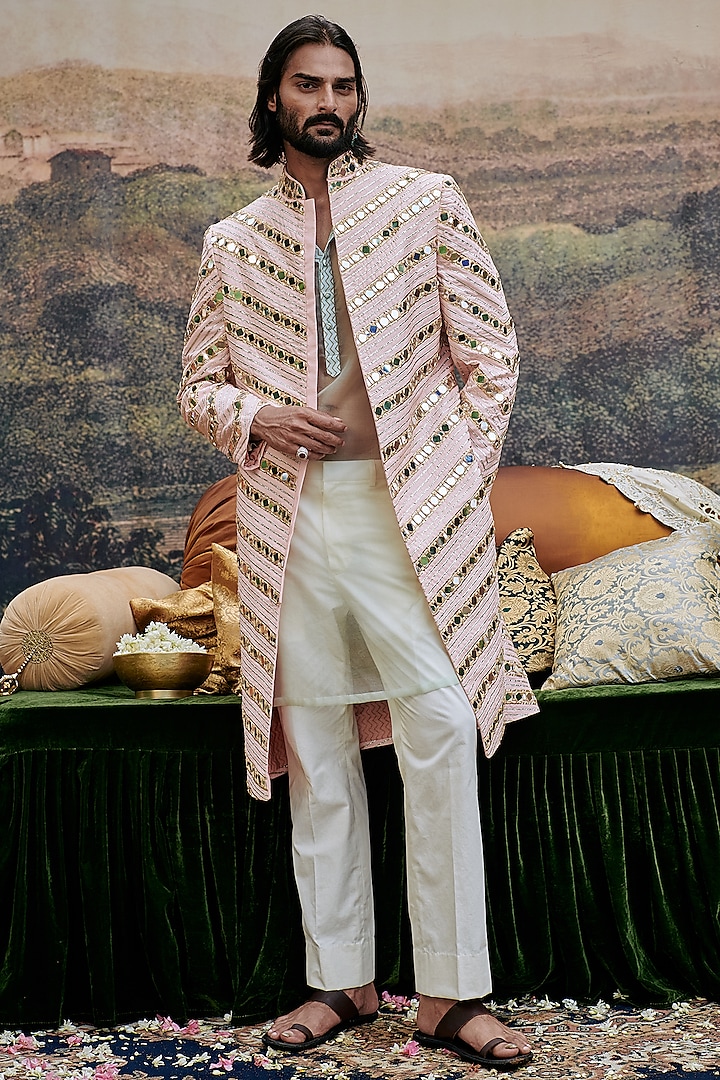 Pink Chanderi Mirror Work Groom Sherwani Set by ITRH Men at Pernia's Pop Up Shop