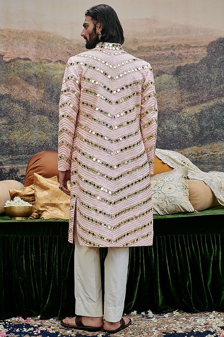 Pink Chanderi Mirror Work Groom Sherwani Set by ITRH Men at Pernia's Pop Up Shop