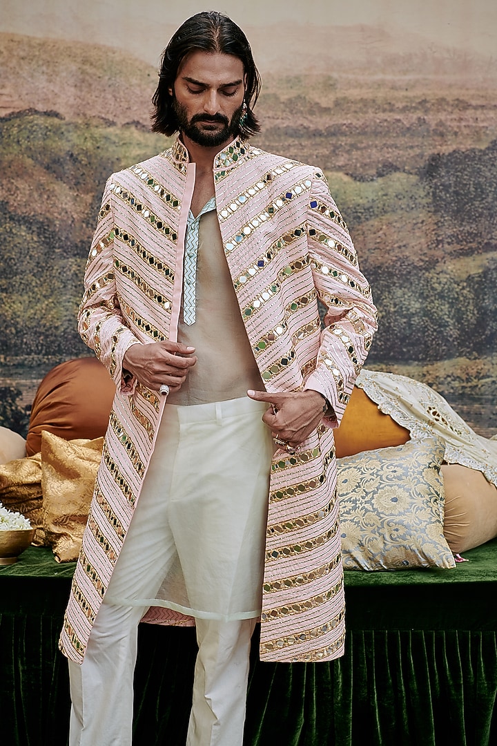 Pink Chanderi Mirror Work Groom Sherwani Set by ITRH Men at Pernia's Pop Up Shop
