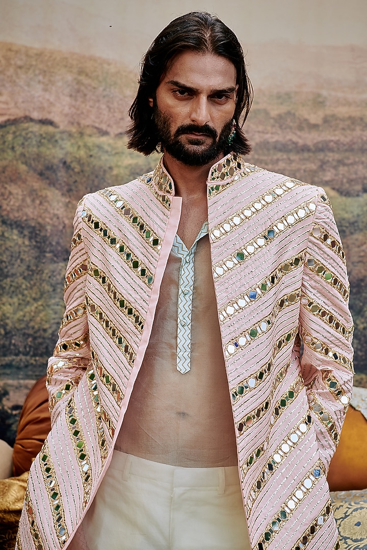 Pink Chanderi Mirror Work Groom Sherwani Set by ITRH Men at Pernia's Pop Up Shop