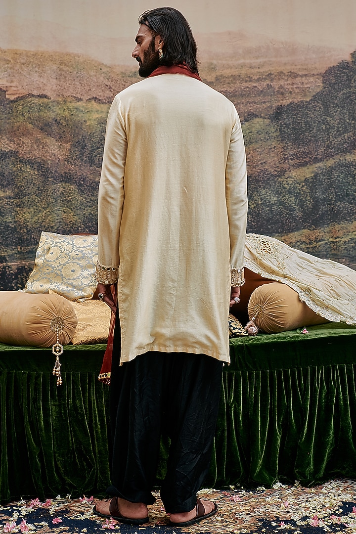 Beige Chanderi Mirror Work Kurta Set by ITRH Men at Pernia's Pop Up Shop