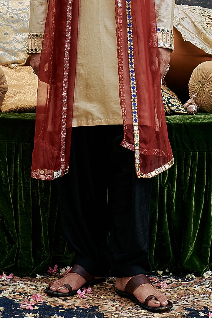 Beige Chanderi Mirror Work Kurta Set by ITRH Men at Pernia's Pop Up Shop