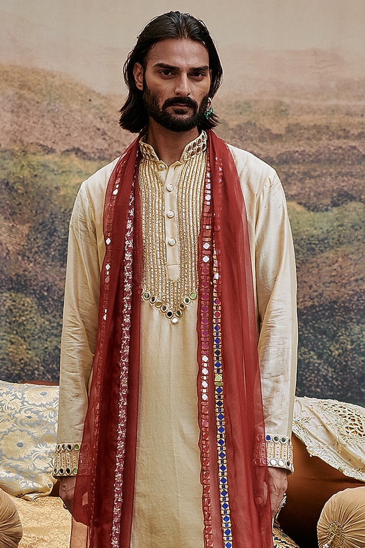 Beige Chanderi Mirror Work Kurta Set by ITRH Men at Pernia's Pop Up Shop