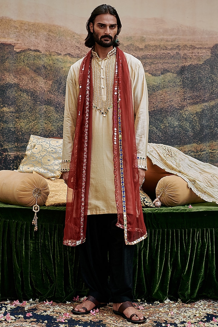 Beige Chanderi Mirror Work Kurta Set by ITRH Men