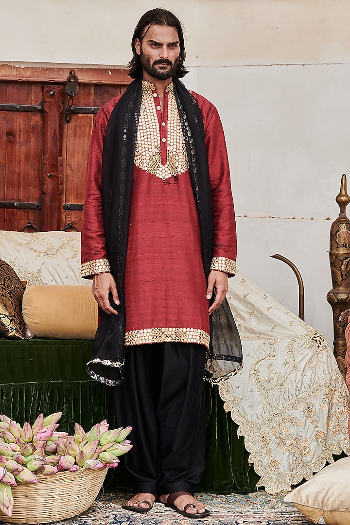 Red Raw Silk Mirror Work Kurta Set by ITRH Men