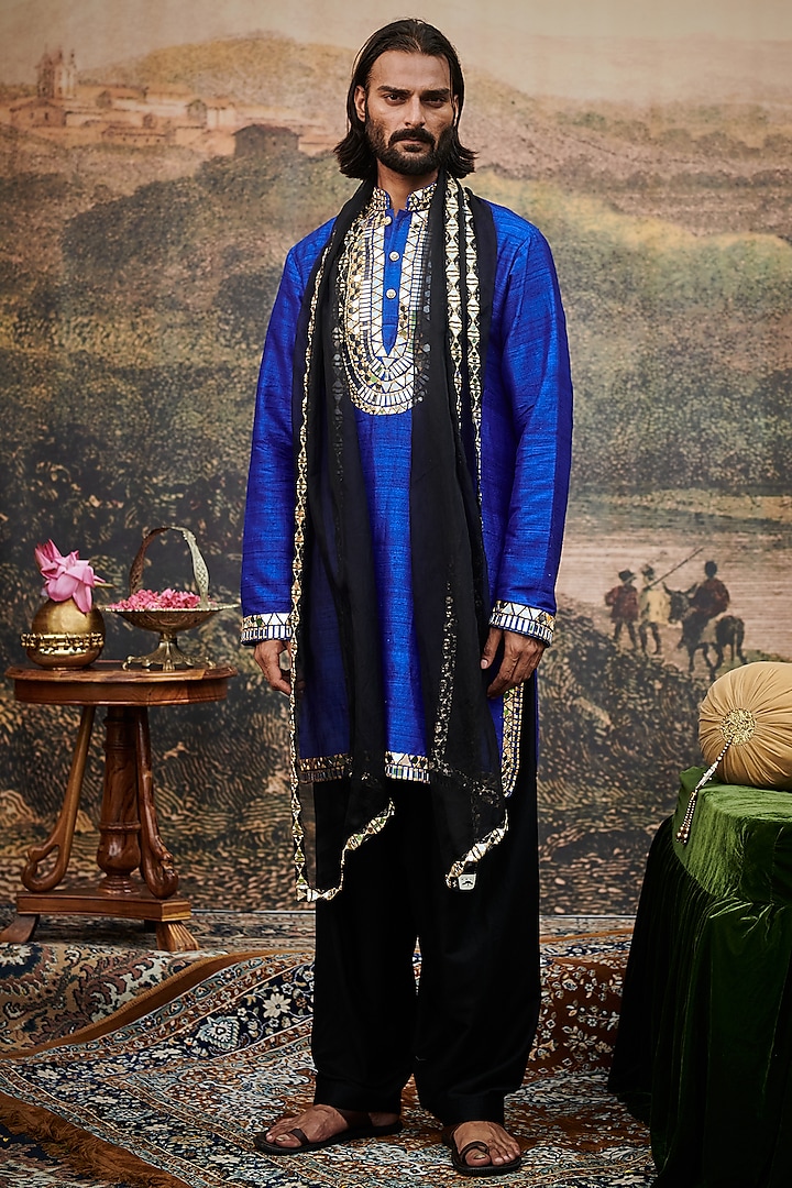 Electric Blue Raw Silk Mirror Work Kurta Set by ITRH Men