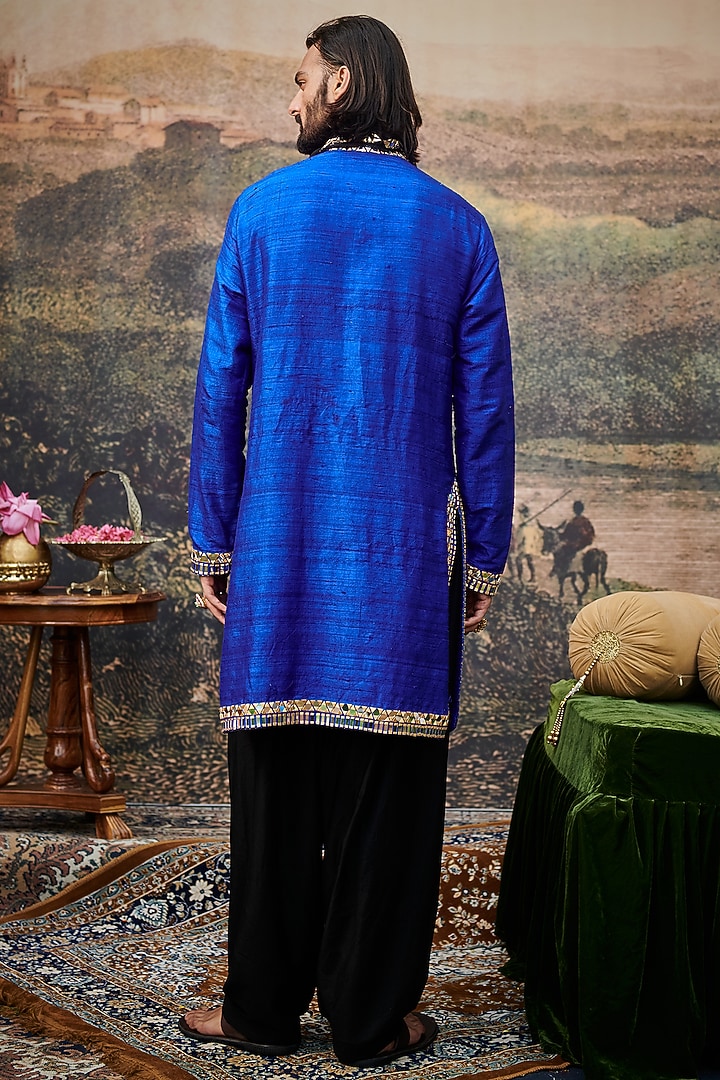 Electric Blue Raw Silk Mirror Work Kurta Set by ITRH Men at Pernia's Pop Up Shop