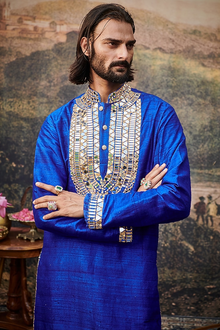Electric Blue Raw Silk Mirror Work Kurta Set by ITRH Men at Pernia's Pop Up Shop