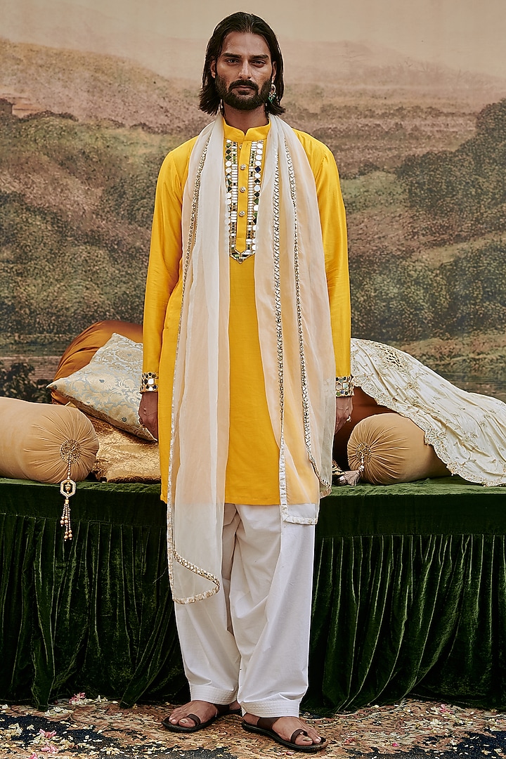 Yellow Raw Silk Mirror Work Kurta Set by ITRH Men