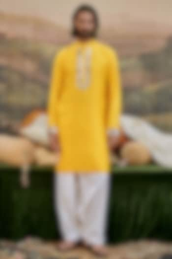 Yellow Raw Silk Mirror Work Kurta Set by ITRH Men