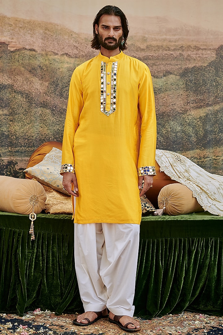 Yellow Raw Silk Mirror Work Kurta Set by ITRH Men