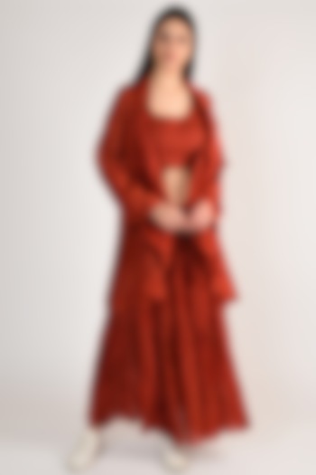 Plum Red Chanderi Wrinkled Skirt Set by ITUVANA