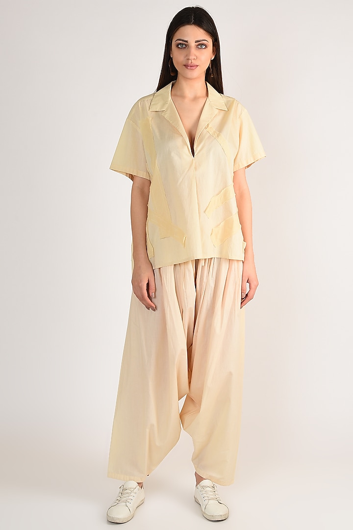 Nude Draped Pant Set With Applique Work by ITUVANA