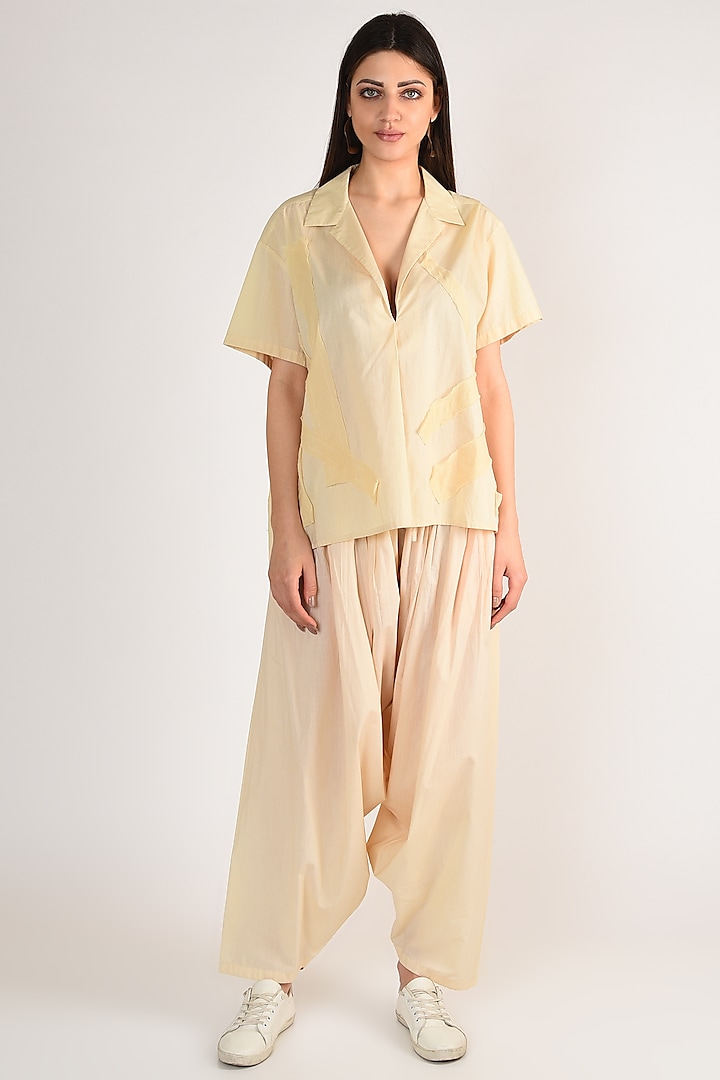 Nude Draped Pant Set With Applique Work by ITUVANA at Pernia's Pop Up Shop