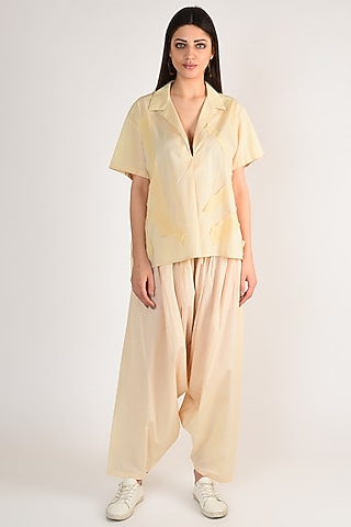 Nude Draped Pant Set With Applique Work by ITUVANA