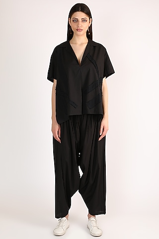 Black Cotton Draped Pant Set by ITUVANA