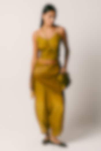 Olive Green Habutai Silk Draped Dhoti Set by ITUVANA at Pernia's Pop Up Shop