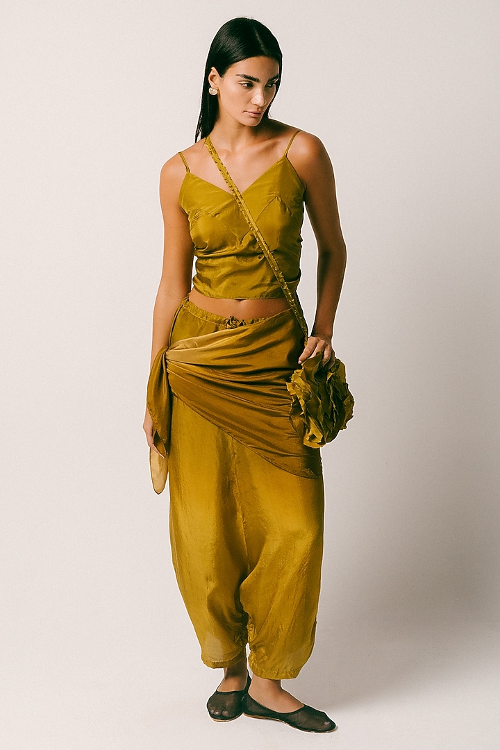 Olive Green Habutai Silk Draped Dhoti Set by ITUVANA at Pernia's Pop Up Shop
