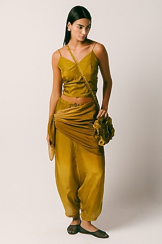 Olive Green Habutai Silk Draped Dhoti Set by ITUVANA