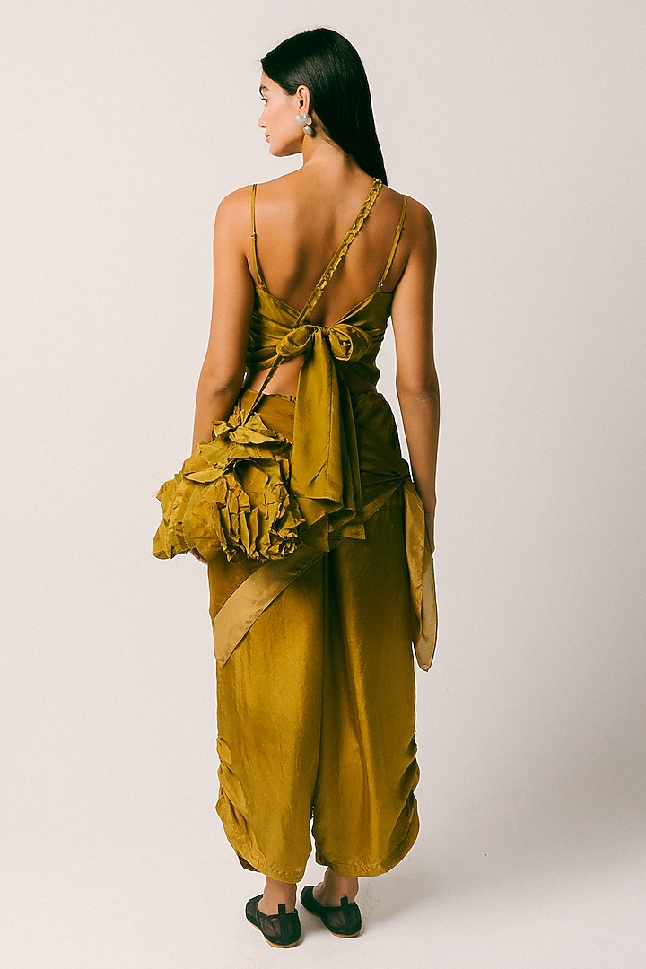 Olive Green Habutai Silk Draped Dhoti Set by ITUVANA at Pernia's Pop Up Shop