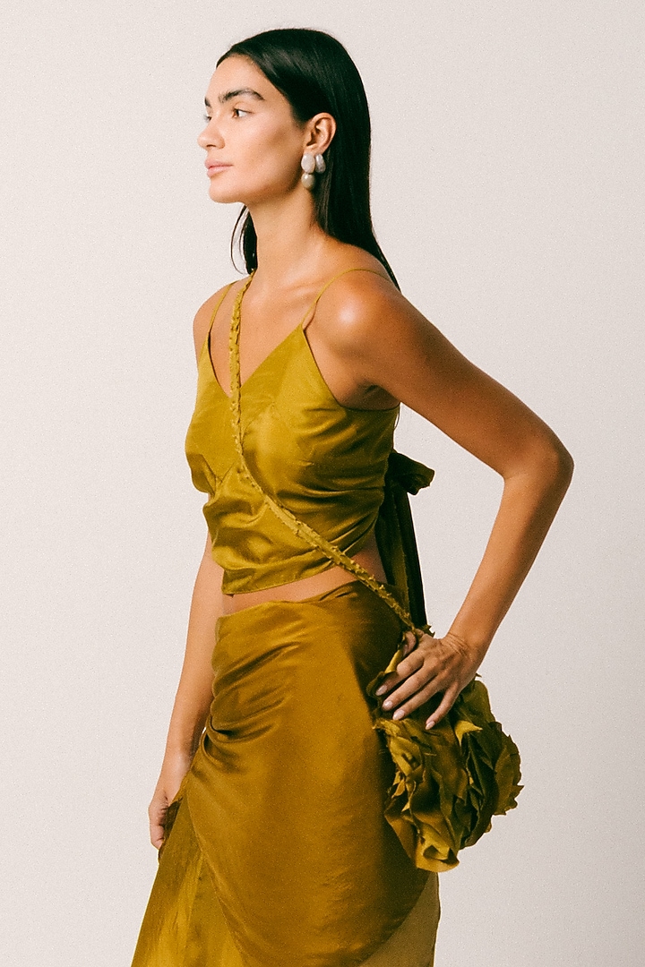Olive Green Habutai Silk Draped Dhoti Set by ITUVANA at Pernia's Pop Up Shop