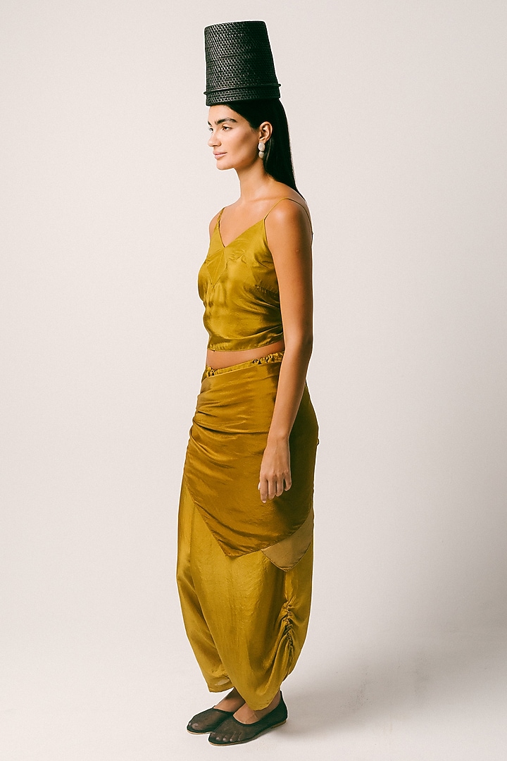 Olive Green Habutai Silk Draped Dhoti Set by ITUVANA at Pernia's Pop Up Shop