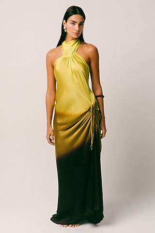 Yellow Ombre Georgette Silk Dress by ITUVANA