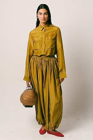 Warm Olive & Black Habutai Silk Co-Ord Set by ITUVANA