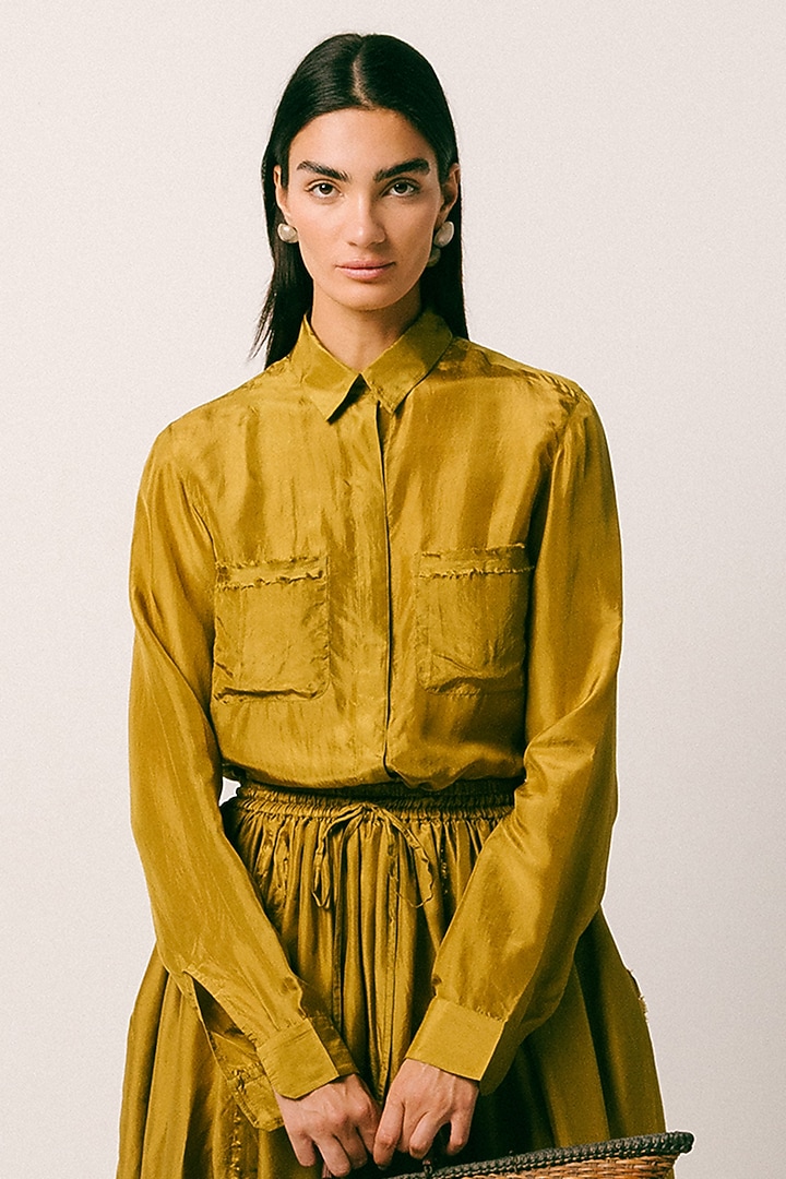 Warm Olive & Black Habutai Silk Co-Ord Set by ITUVANA at Pernia's Pop Up Shop