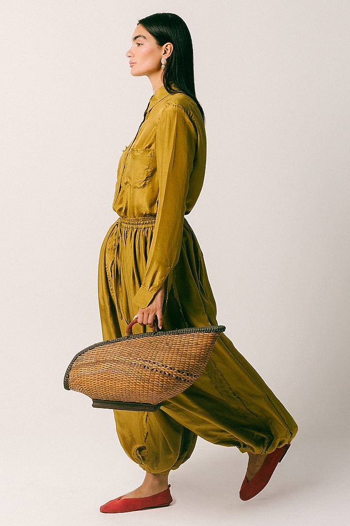 Warm Olive & Black Habutai Silk Co-Ord Set by ITUVANA at Pernia's Pop Up Shop