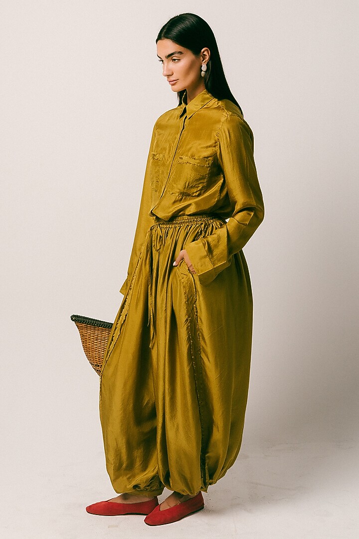 Warm Olive & Black Habutai Silk Co-Ord Set by ITUVANA at Pernia's Pop Up Shop